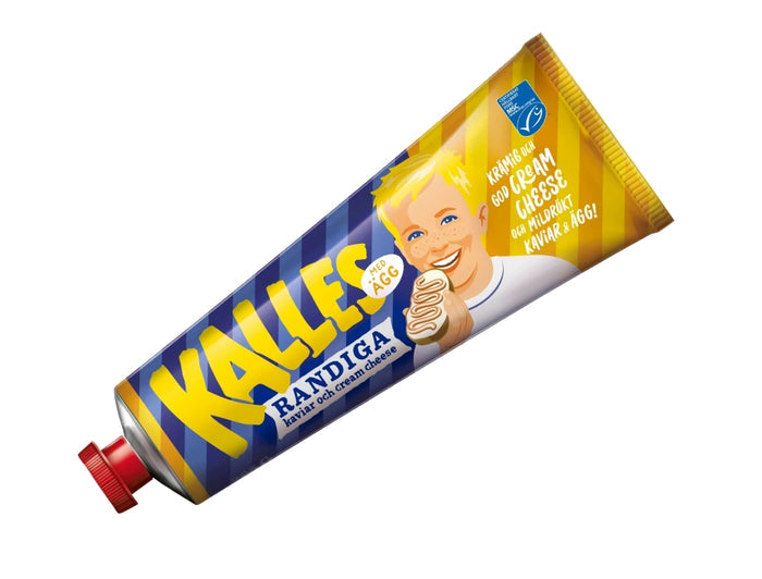 Kalles Randiga Ägg 285g tube – Swedish mild-smoked kaviar, cream cheese and egg spread with yellow and blue striped packaging, made in Sweden