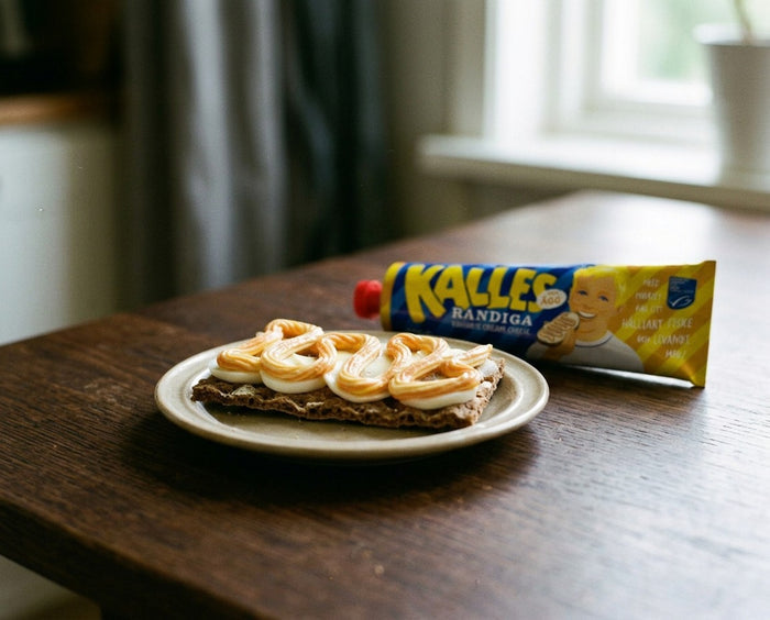 Kalles Randiga Ägg 285g tube on a wooden table next to Swedish crispbread topped with striped kaviar, cream cheese and egg spread