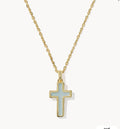 Kendra Scott Cross Pendant Necklace Gold Matte Light Blue Dichroic Glass