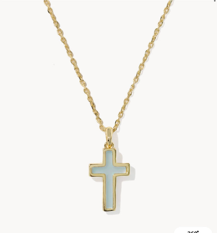 Kendra Scott Cross Pendant Necklace Gold Matte Light Blue Dichroic Glass