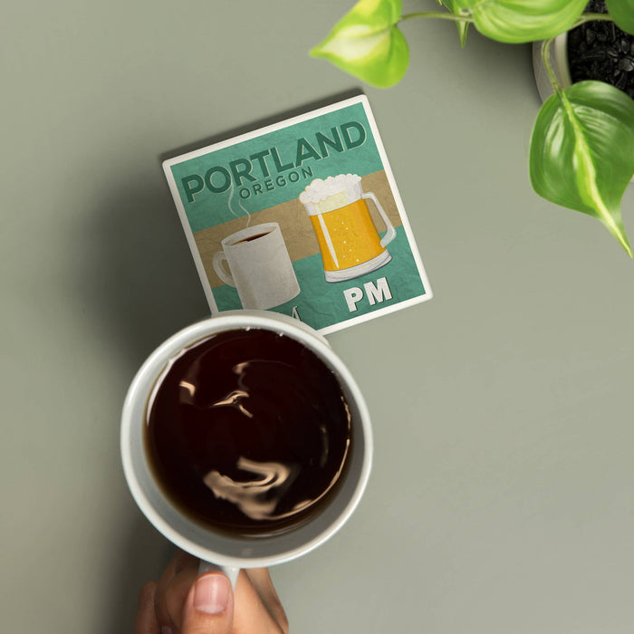 Lantern Press - CERAMIC COASTER Portland, Oregon Coffee AM, Beer PM