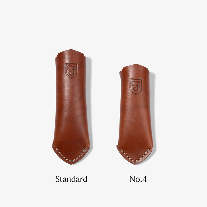 Field leather handle covers in brown, Standard and No.4 sizes side by side with labels