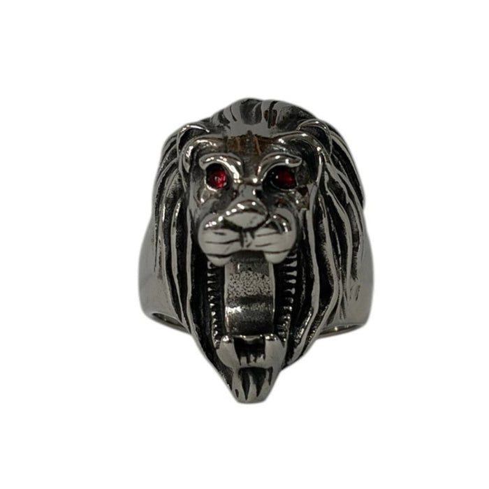 silver lion head ring with red eyes gothic mens statement ring animal jewelry bold front view