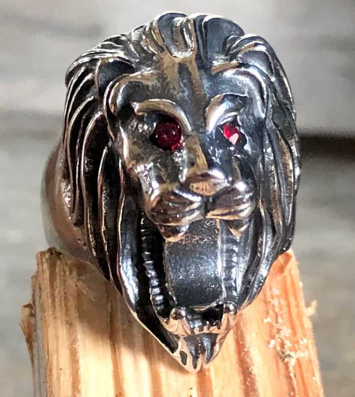 Lion head stainless steel ring with red gemstone eyes by Medieval Metal