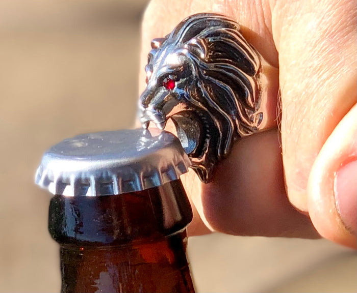 Lion Head Bottle Opener Ring - Stainless Steel Red Eye Jewelry side view