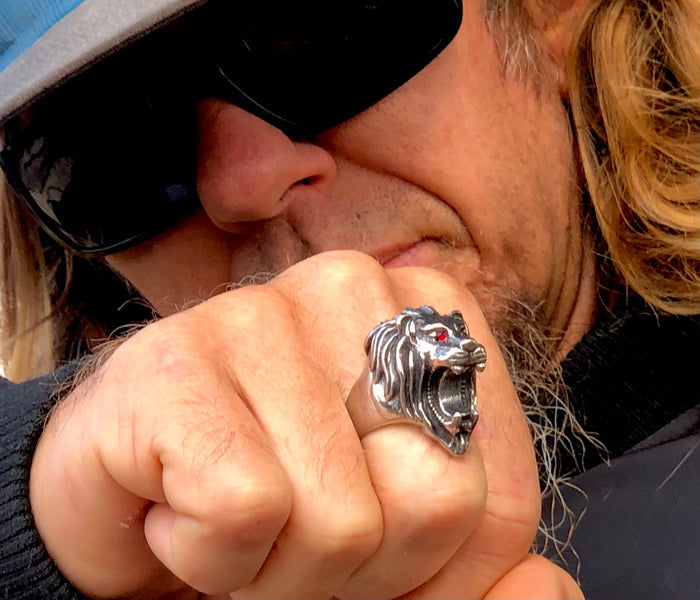 Close-up of Lion Head Bottle Opener Ring - Stainless Steel Red Eye Jewelry detail