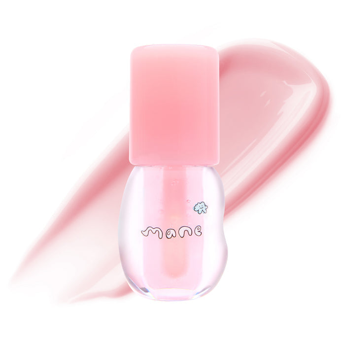 Pink lip gloss bottle with 'mani' branding on a white background