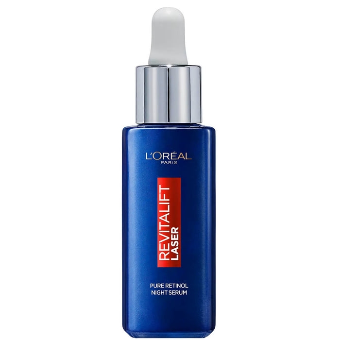 L'Oréal Paris Pure Retinol Revitalift Laser Night Serum face cream in a 30ml bottle, designed for skin revitalization and anti-aging.