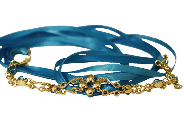 May Pole Posie Tie-On Crown - Gold Ribbon Crown with Roses front view
