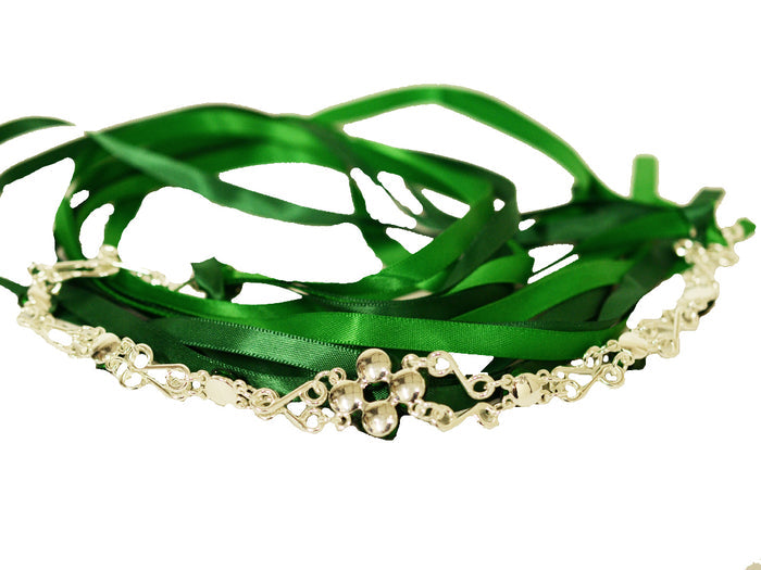 May Pole Posie Tie-On Crown - Silver Ribbon Crown with Roses front view