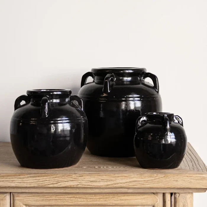 Mercier Glazed Black Vase with Handles - Magnolia Lane co. Home + Garden + Gift