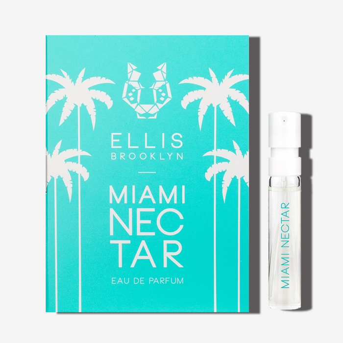 Miami Nectar 1.5ml Eau De Parfum Vial next to teal Miami Nectar Eau De Parfum vial holder card.