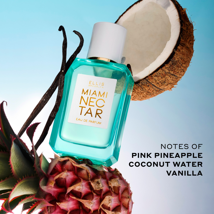 Miami Nectar 50ml Eau De Parfum with pink pineapple, vanilla beans, and coconut on light blue background with black text that reads "Notes of Pink Pineapple, Coconut Water, Vanilla".