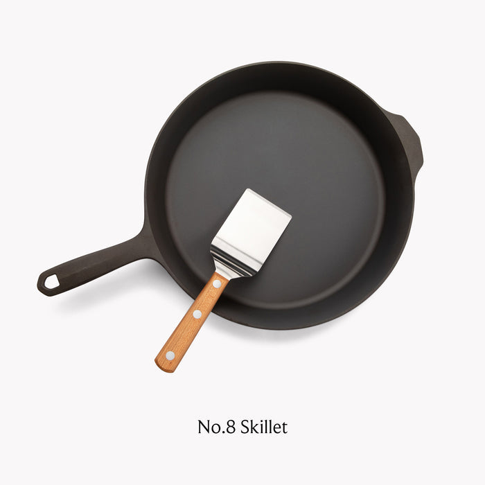 Field Mini Turner resting inside a No.8 skillet to show scale, overhead view