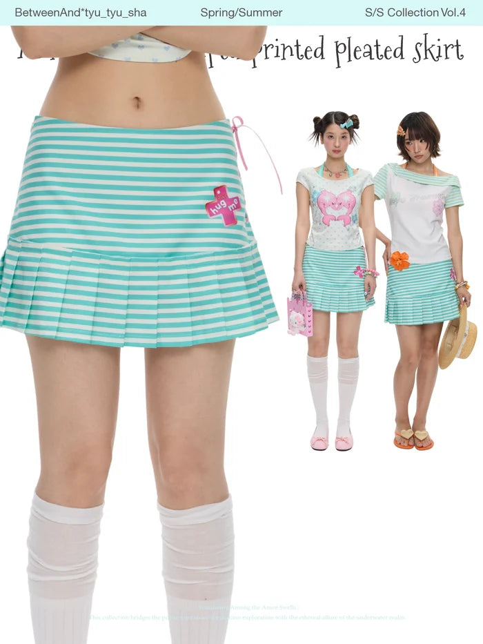 Mint green striped pleated skirt