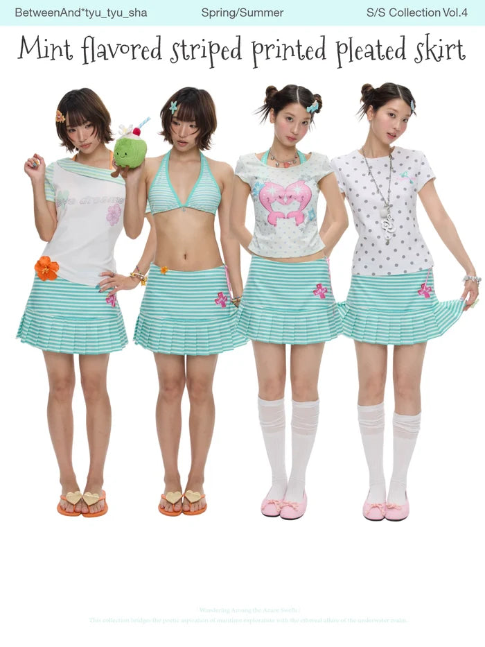 Mint green striped pleated skirt