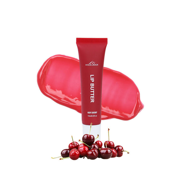 Red lip butter tube with cherry design on a white background