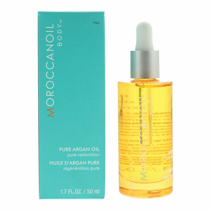 Moroccanoil Body Pure Argan Oil 50ml bottle, 100% argan oil for face, body, and hair care, in a clear glass container.