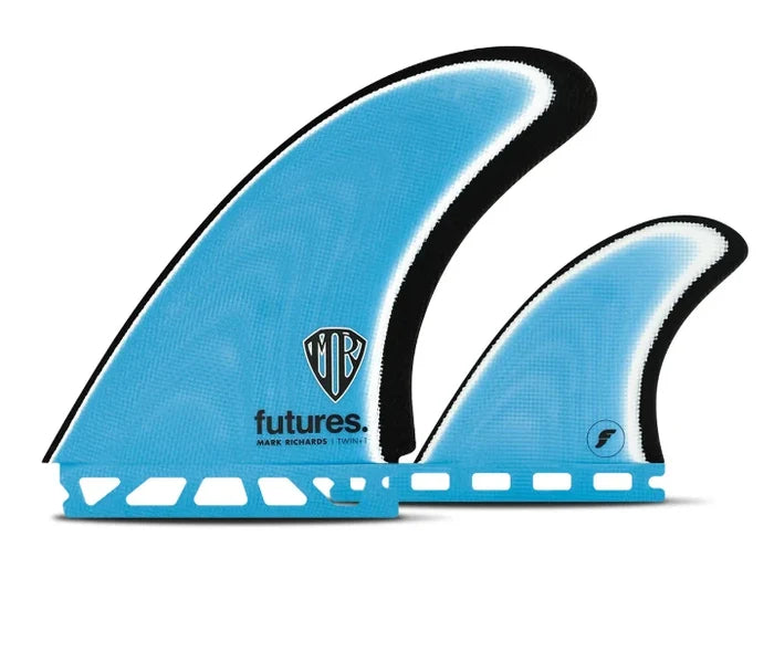 MR Twin plus 1 fiberglass surfboard fin set black blue white Futures.