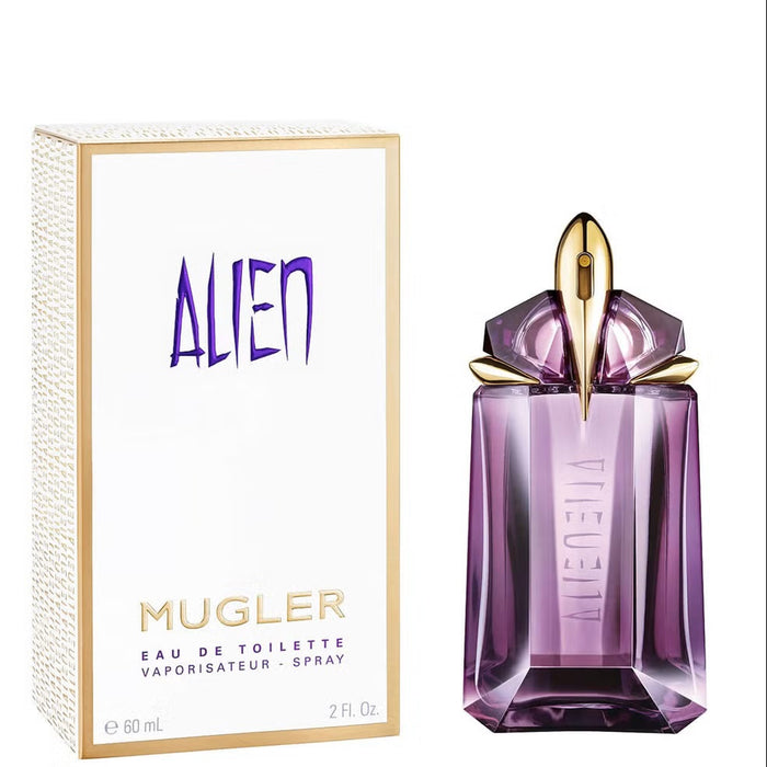 MUGLER Alien Eau de Toilette natural spray bottle, 60ml, featuring sleek design and elegant packaging for women.