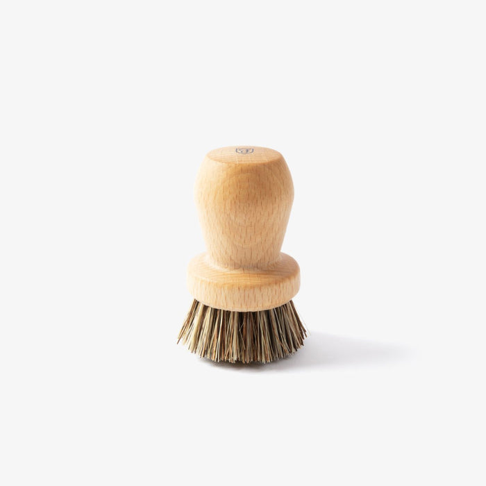 Field Natural Fiber Cleaning Brush standing upright, with a shaped beechwood handle and stiff natural bristles