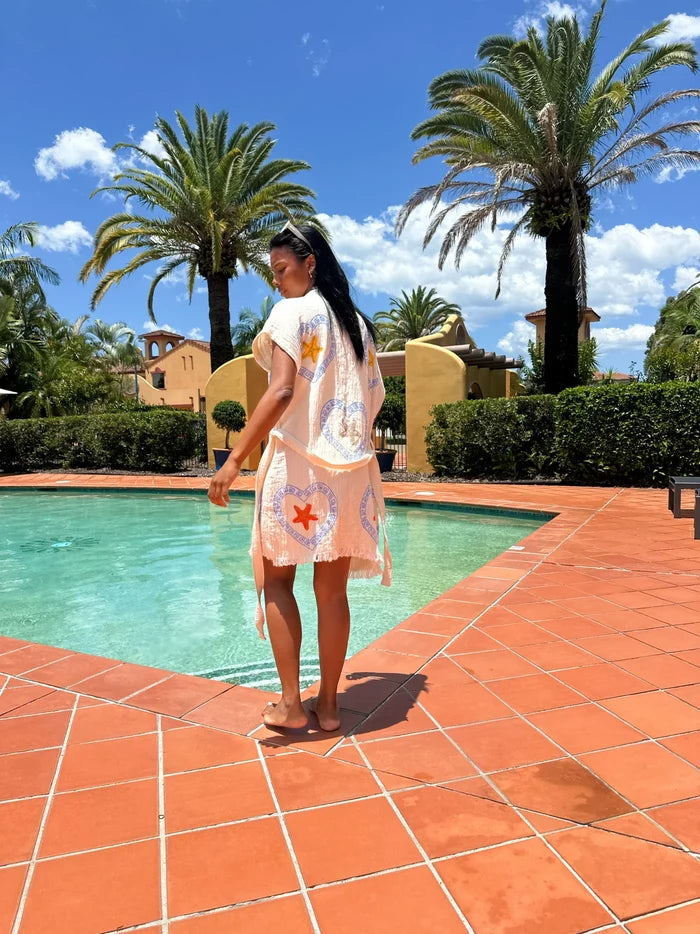 Cie Cie and Co Natural Midi Short Sleeve Robe in Light Blue Heart and Sea Star