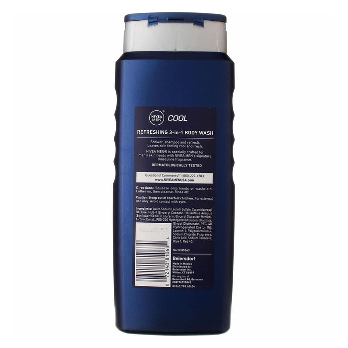 NIVEA MEN 3 in 1 Cool Body Wash, 16.9oz - 12 Pack