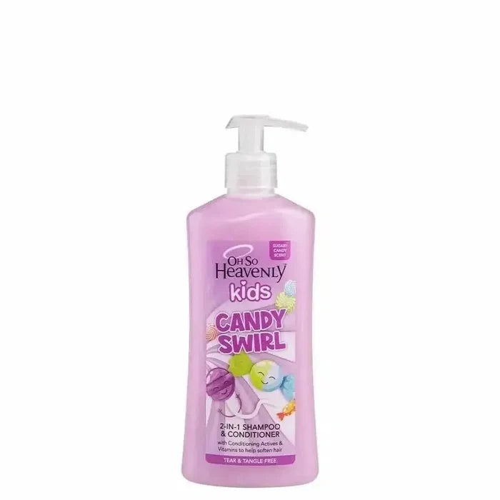Oh So Heavenly Candy Swirl 2-in-1 Shampoo & Conditioner bottle with candy-themed packaging
