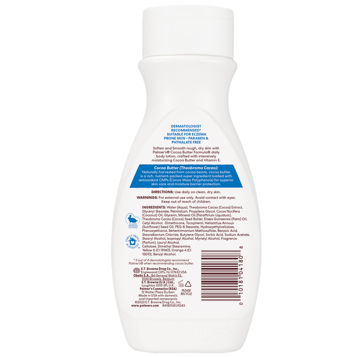 Back view of a white bottle with text and a bar code on a white background