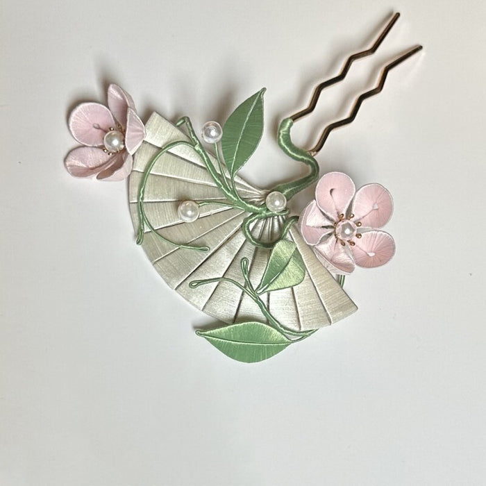DIY Peach Blossom Fan Hairpin Kit with pink fabric flowers, green leaves, and pearl tassels for Chanhua craft and DIY flower making projects 02