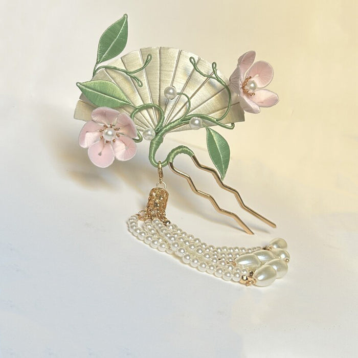 DIY Peach Blossom Fan Hairpin Kit with pink fabric flowers, green leaves, and pearl tassels for Chanhua craft and DIY flower making projects.