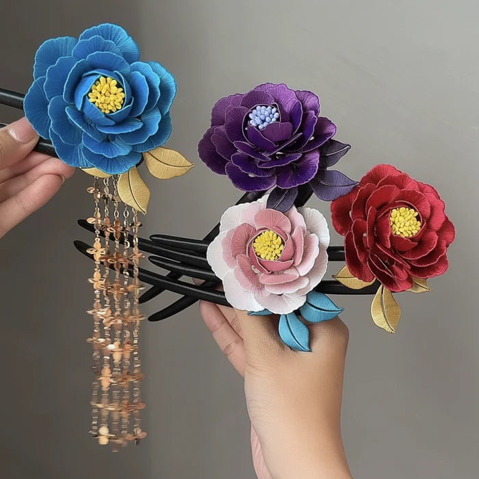 Colorful DIY Peony Chanhua hairpin kit with tassels, displaying finished blue, purple, pink, and red flowers for crafters.