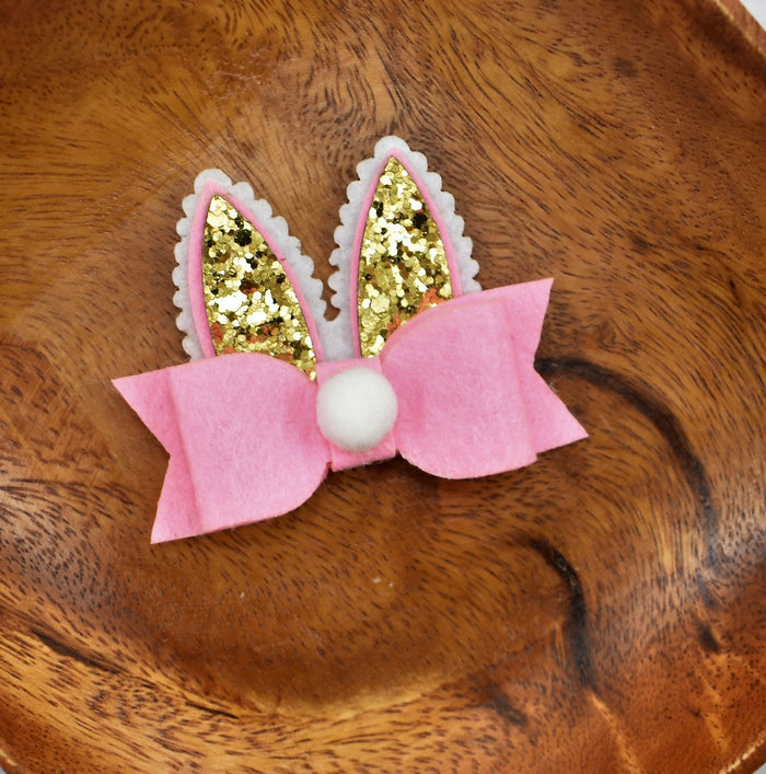 Pink & Gold Bunny Ears Bow Hair Clip