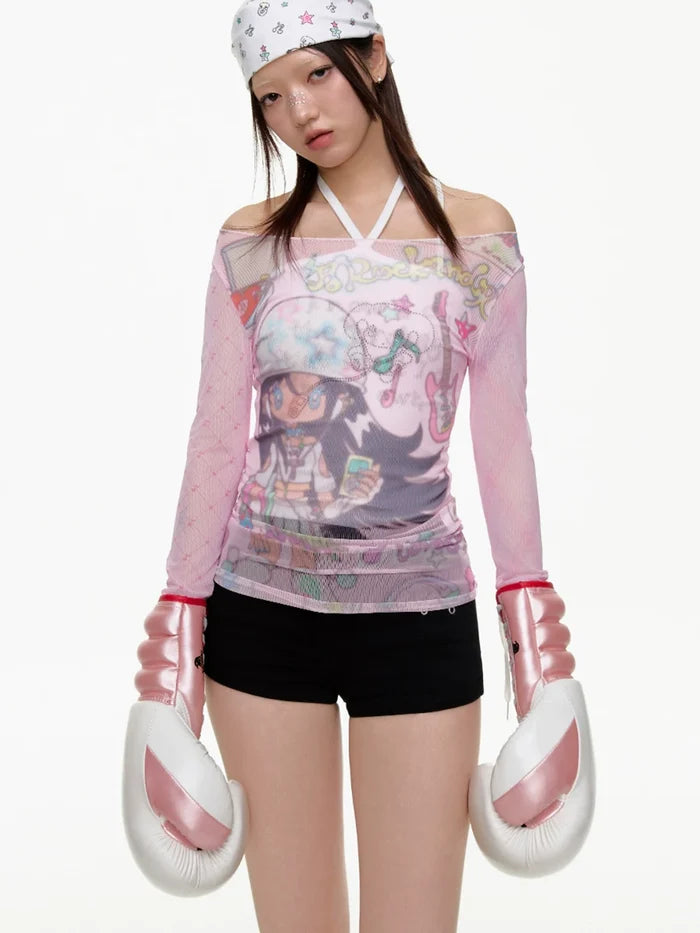 Pink mesh patchwork off shoulder top with Y2K design