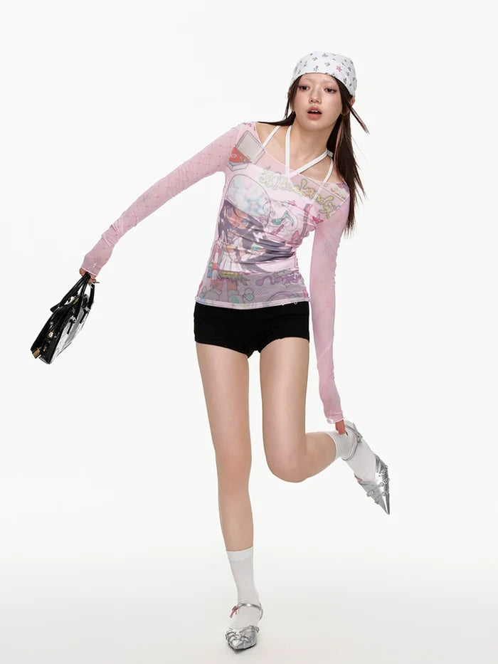 Pink mesh patchwork off shoulder top with Y2K design
