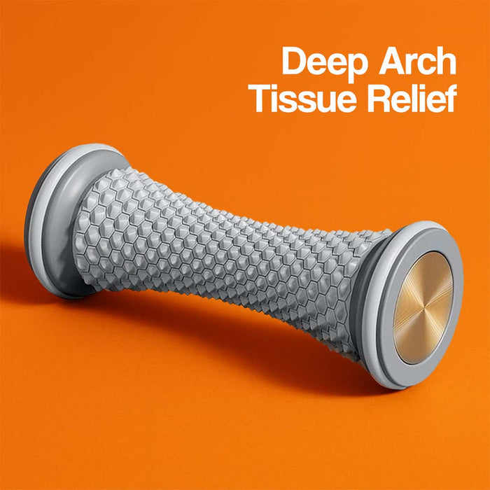 Plantar fasciitis relief kit featuring a gray massage roller with a textured surface on an orange background.