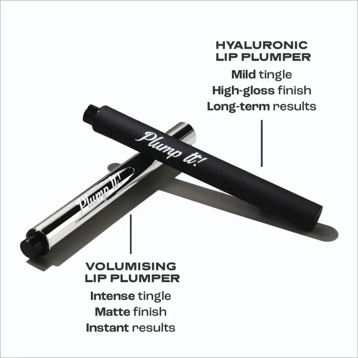 Transparent hyaluronic lip plumper from Plump It! in a 3 ml makeup tube, designed to enhance lip volume and hydration.