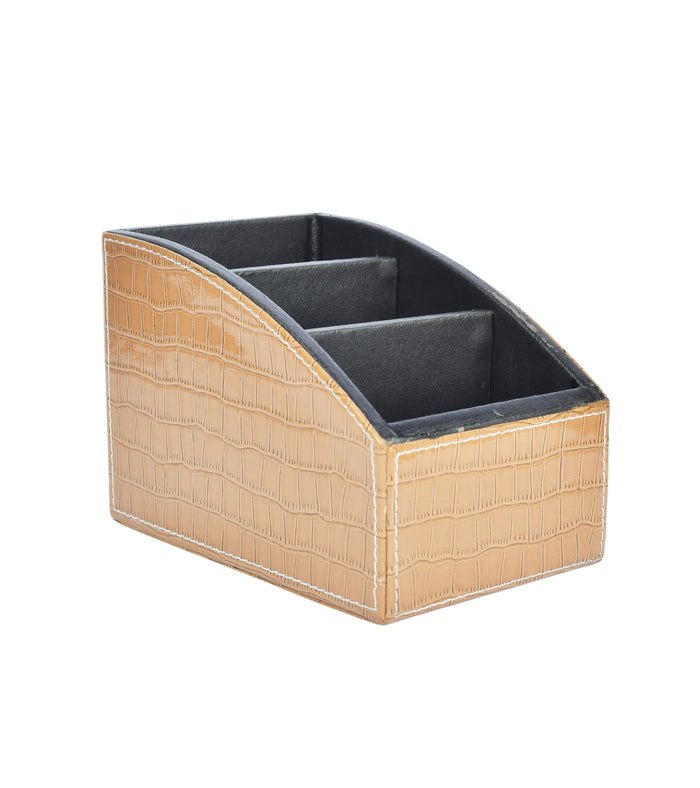 Beige croc-texture remote holder with 3 compartments and curved edges