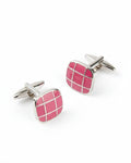 Square silver cufflinks with pink grid enamel, hinged back clasps