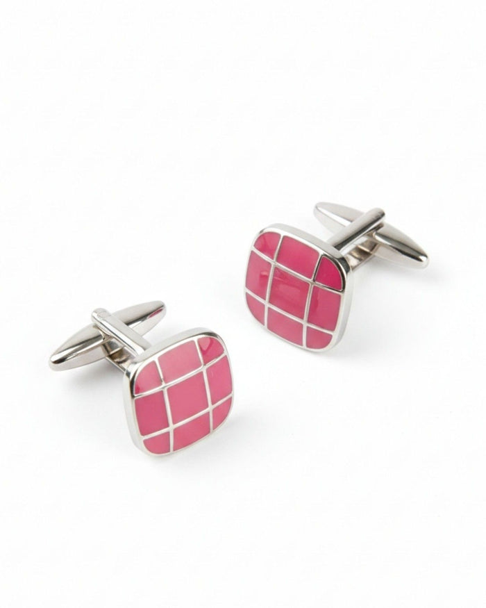 Square silver cufflinks with pink grid enamel, hinged back clasps