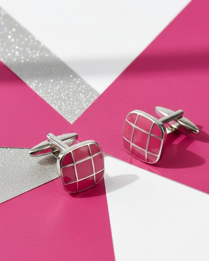 Square silver cufflinks with pink grid enamel and polished hinge posts