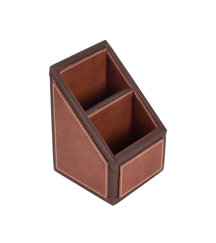 Two-tone remote holder with two compartments, brown interior and darker sides