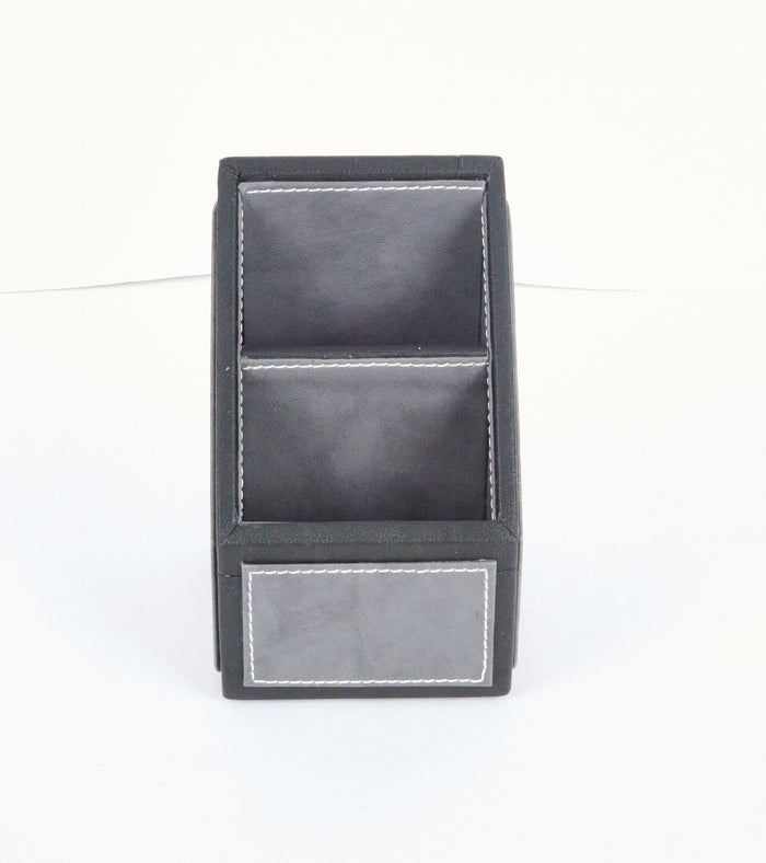 Two-compartment remote holder, gray faux leather with front pocket panel