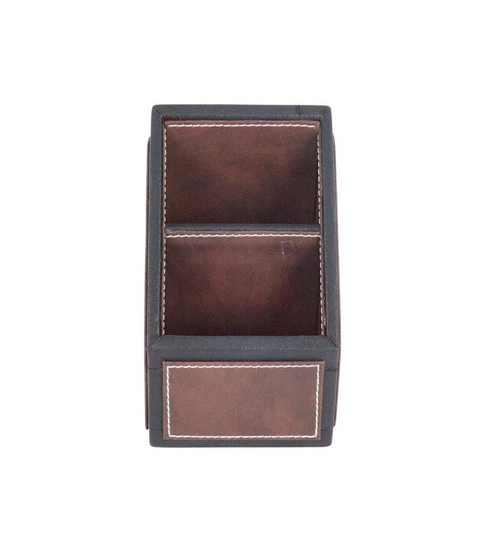 Two-compartment remote holder, dark brown faux leather with light stitching
