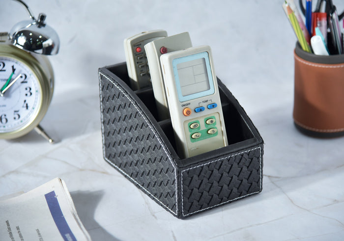 Premsons® woven remote holder, black, three-compartment organizer with curved sides