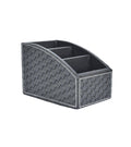 Black woven remote holder with three inner sections and curved open-top design