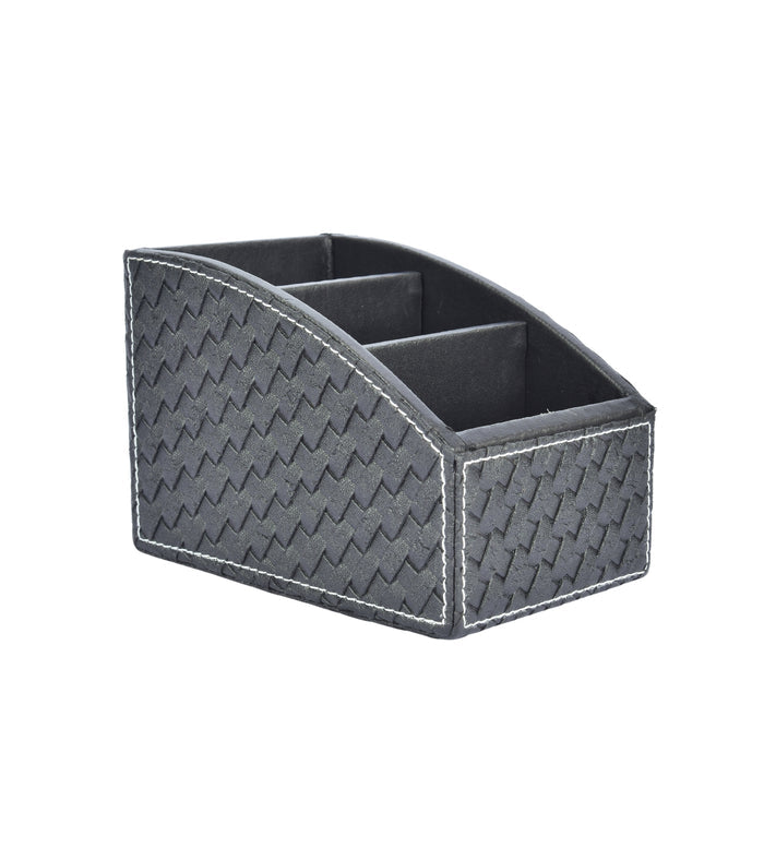 Black woven remote holder with three inner sections and curved open-top design