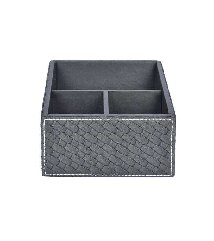 Rectangular woven remote holder with three divided sections, dark textured fabric