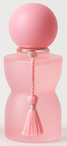 Pink bottle with tassels on a white background. For perfume