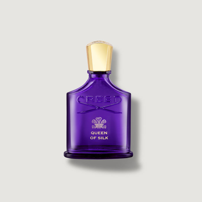 Creed Queen of Silk violet purple glass Eau de Parfum bottle with gold cap - Front View | Creed Fragrances